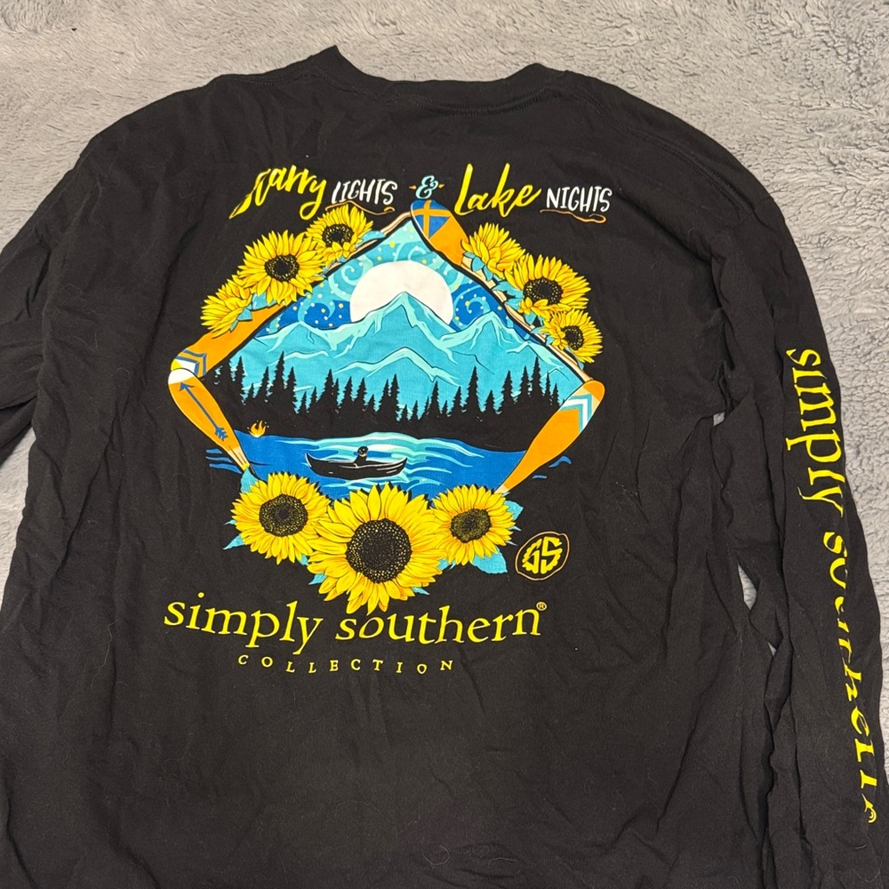 Simply Southern Black Tee with Blue Lake, Yellow Sunflowers